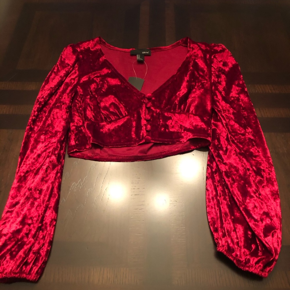 Velour button up crop top blouse